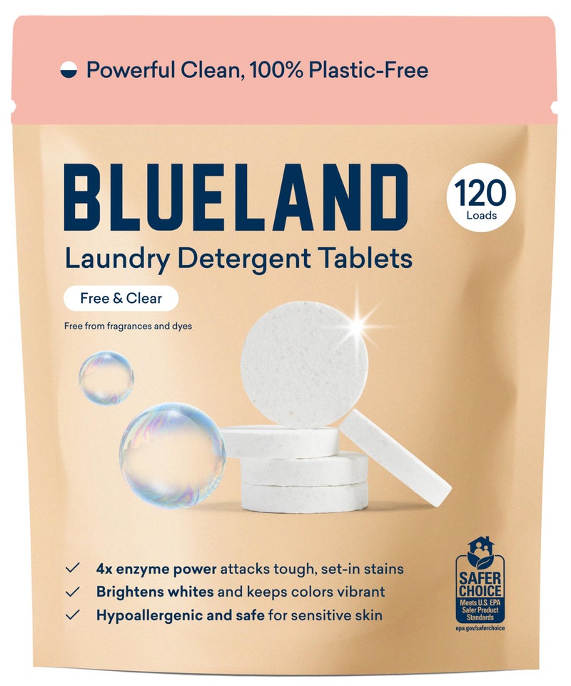 BLUELAND Laundry Detergent Tablets, 120 Count, Plastic-Free Eco-Friendly Pods, Sheets, Liquid Alternative - Fragrance Free and Clear, Natural, Gentle - Image 1